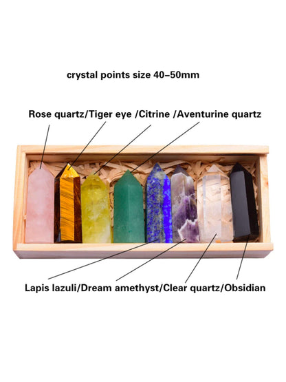 Crystolver 8 stuks helende kristallen toverstaf met houten kist